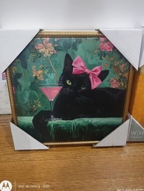 Framed  Canvas Cat Martini Wall Decor 8x8” NWT